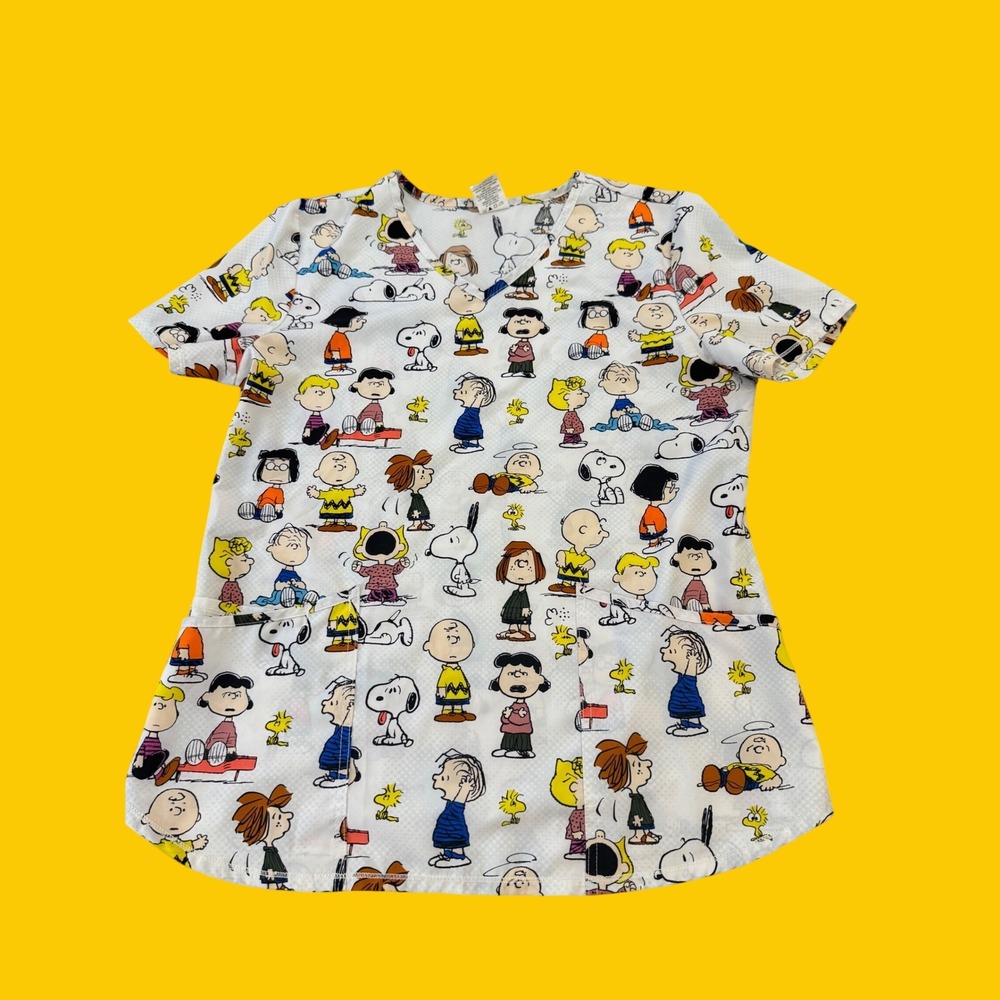Peanuts Snoopy Friends Scrub Top Womens Medium White V-Neck Medical Uniform